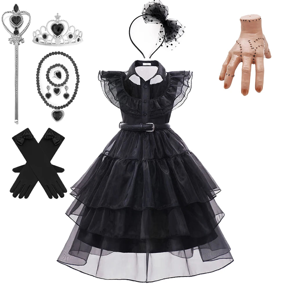 Wednesday Addams Cosplay Costume Girls Black Gothic Dress Sets
