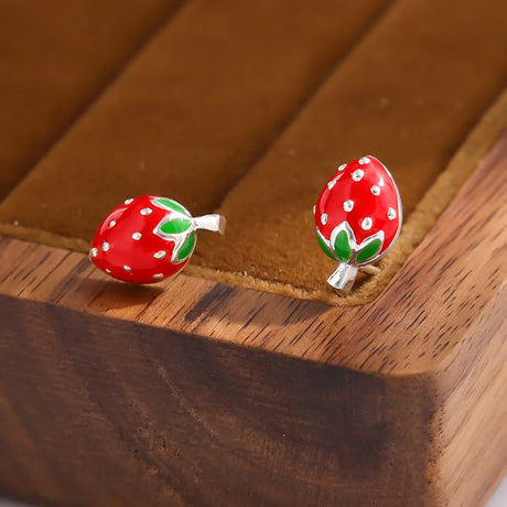 Bitty Enamel Strawberry Stud Earrings 925 Sterling Silver Jewellery