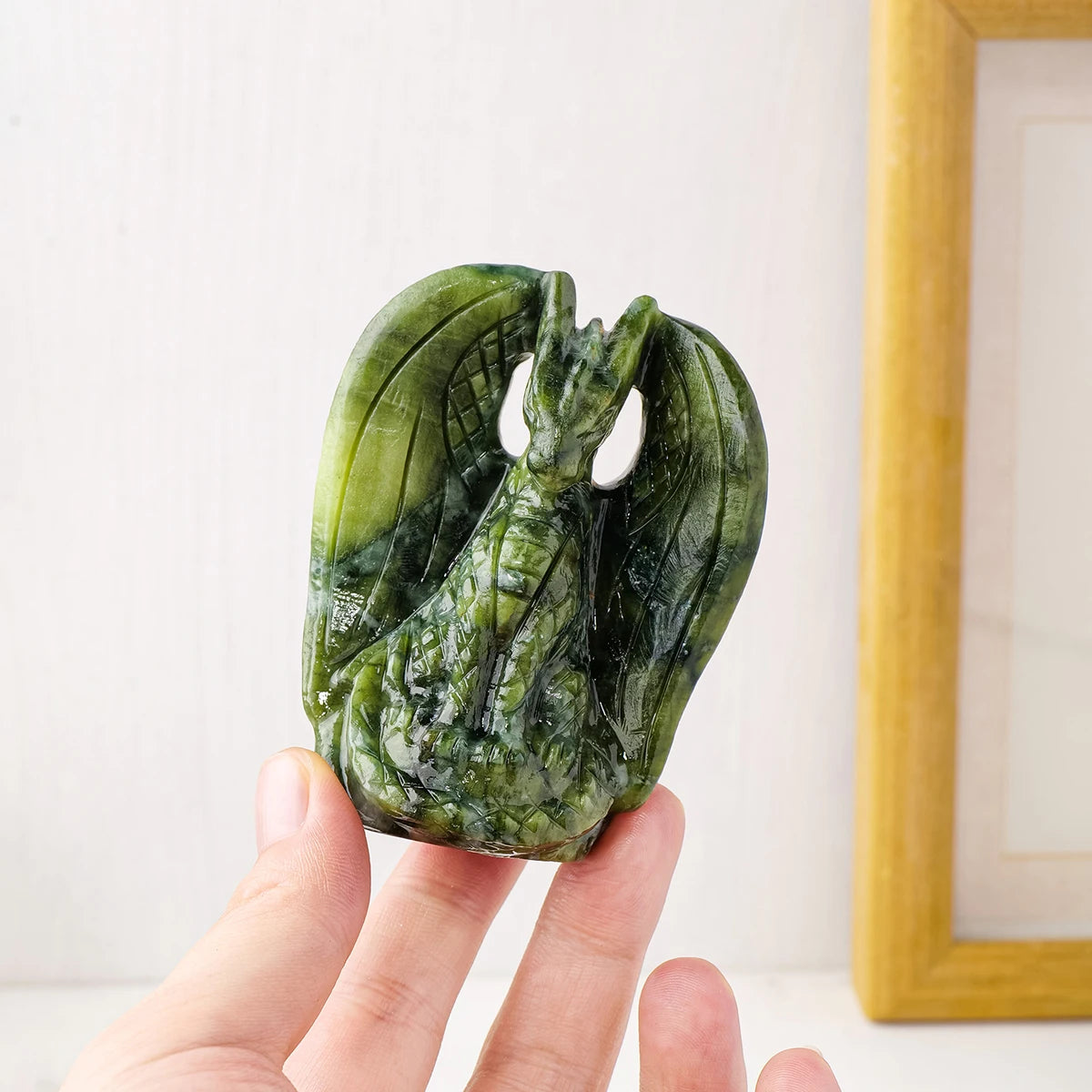 1PC Natural Green Jade Hand-Carved Flying Dragon Statue