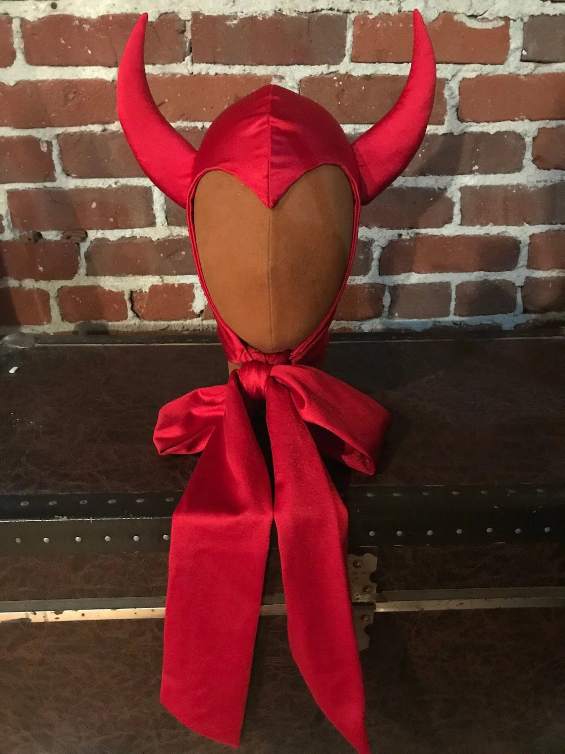 Vintage Horned Devil Red/Black Satin Bonnet Hood Headpiece Halloween Costume Party
