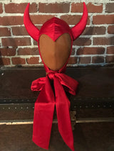 Vintage Horned Devil Red/Black Satin Bonnet Hood Headpiece Halloween Costume Party