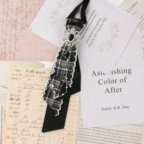 Dark Academia Jabot Plaid Short Necktie Rhinestone Brooch Pearl Chain