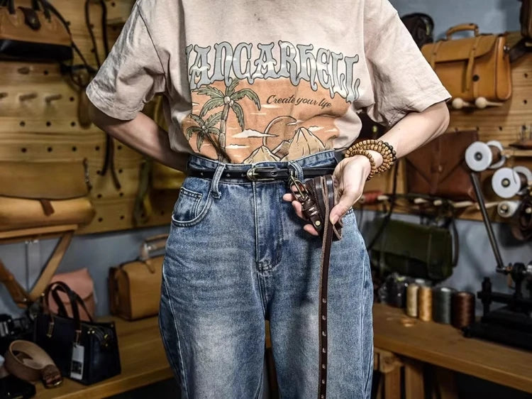 Shallee's Genuine Leather Women's Belt Pure Copper Button Western Cowboy Style