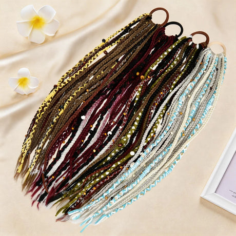24" Beaded Boho Braided Ponytail Extension Viking Ties Dreadlock Synthetic Hairpiece