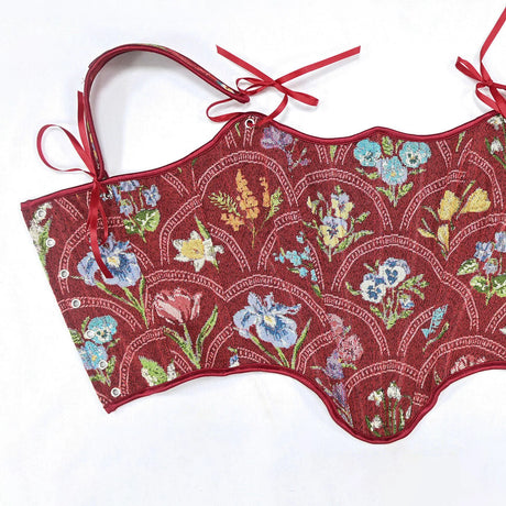 Tapestry Red Corset Overbust Lace Up Bone Bodice