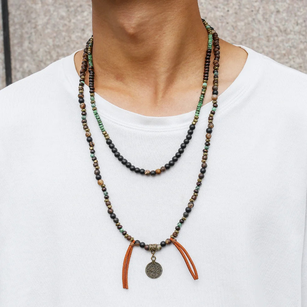 Men's Stacked African Stone Beaded Necklace Set Layered Bohemian Necklace
