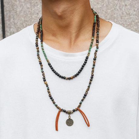 Men's Stacked African Stone Beaded Necklace Set Layered Bohemian Necklace