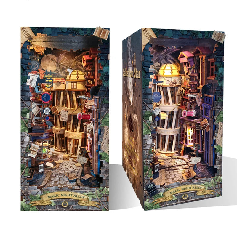 Magic Night Alley DIY Wooden Book Nook Shelf Insert Miniature Building Kits Bookshelf Decor with LED Lights