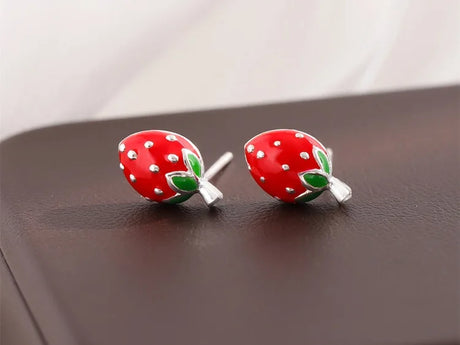 Bitty Enamel Strawberry Stud Earrings 925 Sterling Silver Jewellery