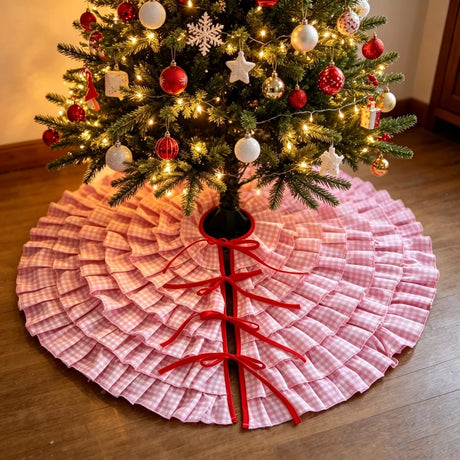 90cm Scottish Christmas Plaid Tree Skirt Ruffle Cake Style