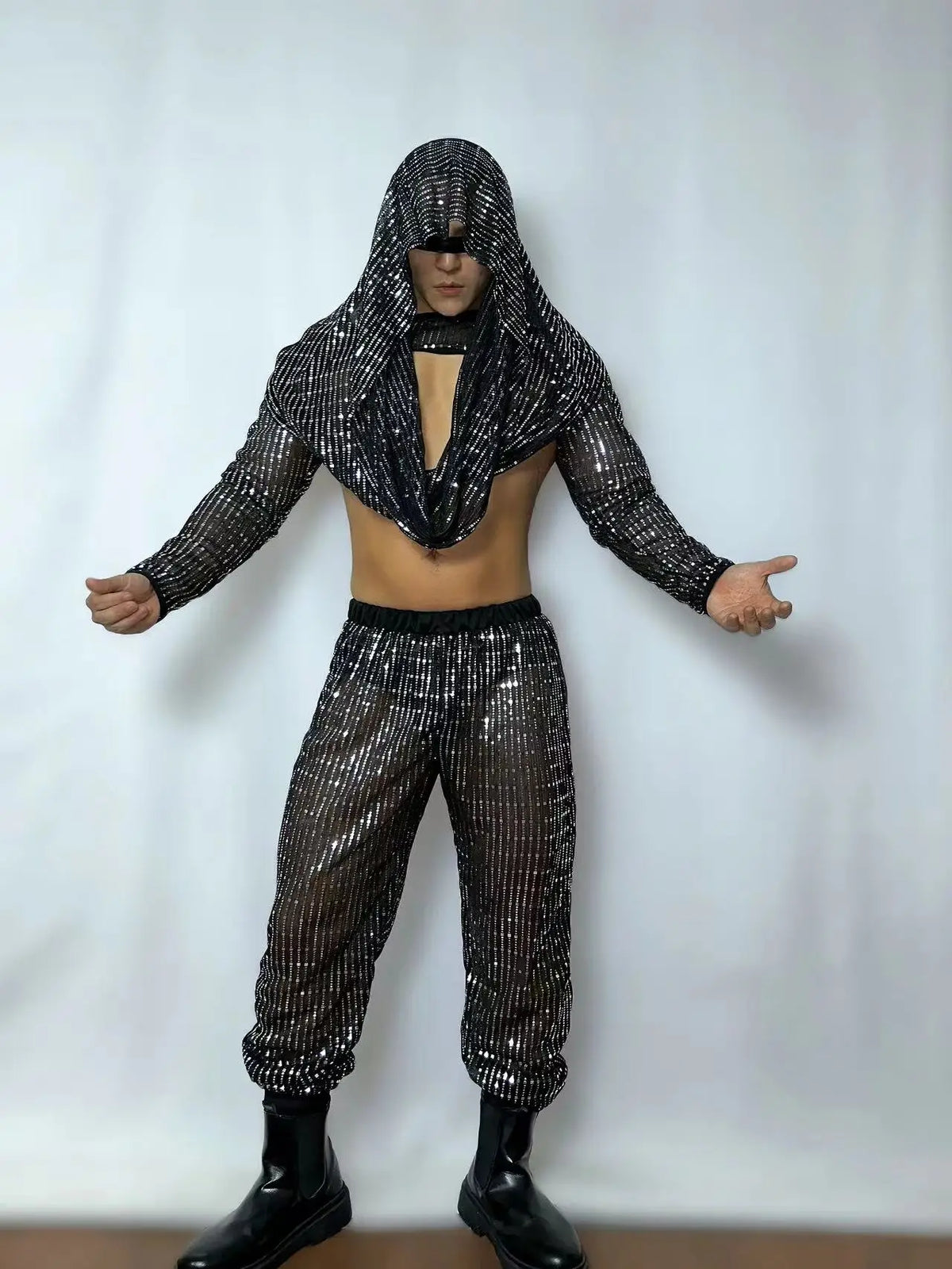 Mens Dance Costume Black Sequins Hool Top Pants Bar Nightclub DJ Male Stage Rave Outfit
