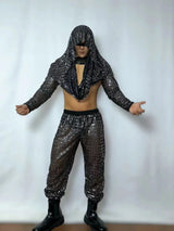 Mens Dance Costume Black Sequins Hool Top Pants Bar Nightclub DJ Male Stage Rave Outfit