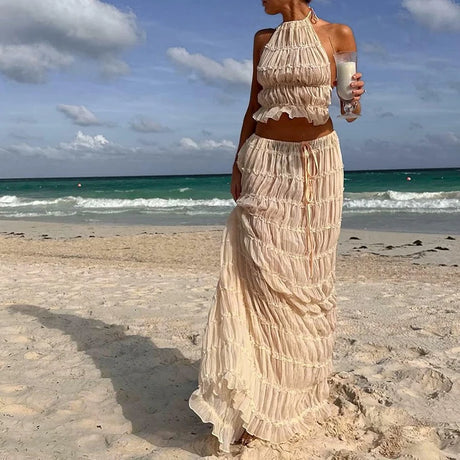 Summer's Ruched Halter Cami Tops + Maxi Skirt 2 Piece Set
