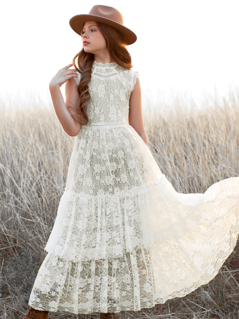 Girls Flower Girl Dress Lace Cotton Maxi Dresses