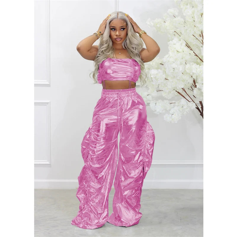 Gold Sliver Metallic Two Piece Sets Crop Top and Pants Streetwear Hip Hop Rave Festival Outfit