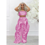 Gold Sliver Metallic Two Piece Sets Crop Top and Pants Streetwear Hip Hop Rave Festival Outfit