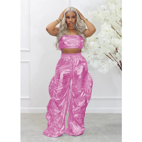 Gold Sliver Metallic Two Piece Sets Crop Top and Pants Streetwear Hip Hop Rave Festival Outfit