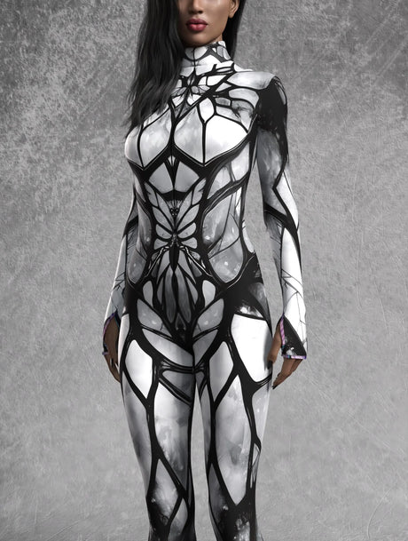 Gothic Stained Glass Full Moon Bodycon Jumpsuit Halloween Party Wear Rave Cosplay Costume Festival  Fit
