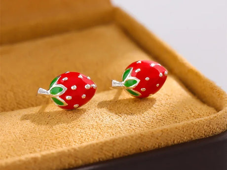 Bitty Enamel Strawberry Stud Earrings 925 Sterling Silver Jewellery