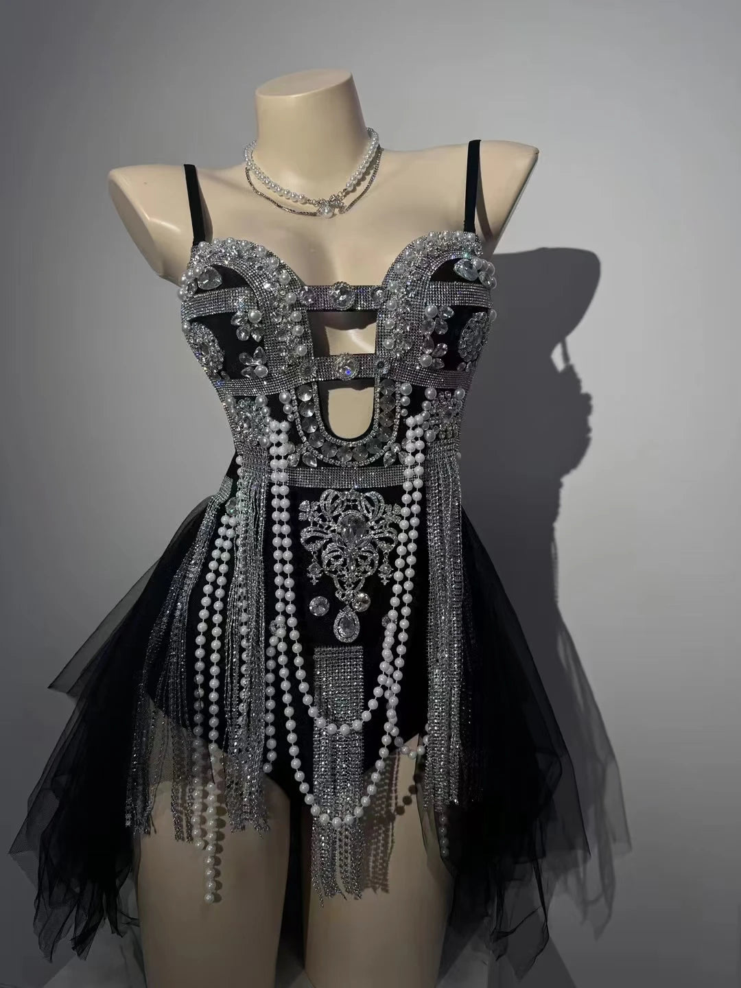 Material Girl Silver Rhinestones Tassel Bodysuit Nightclub Stage Wear Singer Stage Performance Costume