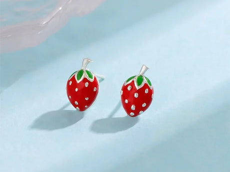 Bitty Enamel Strawberry Stud Earrings 925 Sterling Silver Jewellery