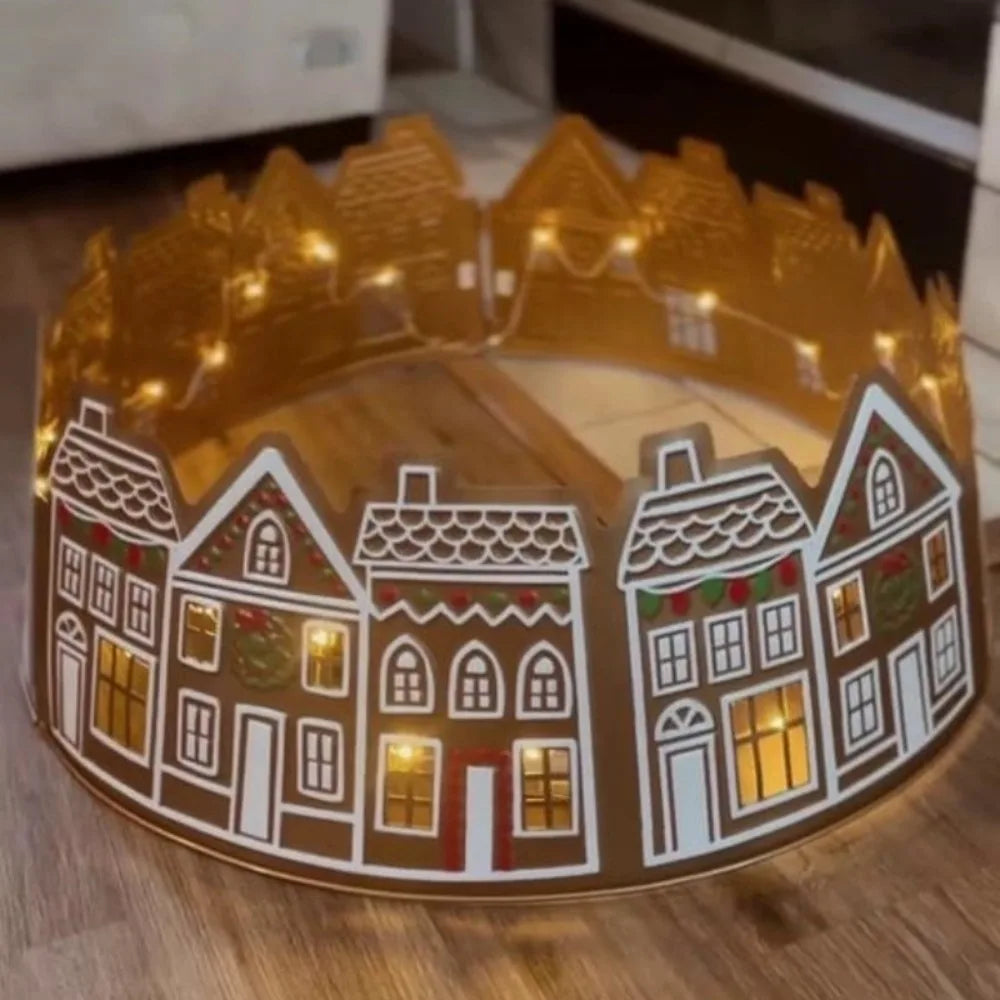 Gingerbread Houses Christmas Tree Collar with LED Lights Xmas Tree Skirt PVC Reusable Xmas Tree Base Cover