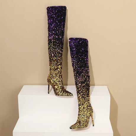 Galaxy Thigh High Boots Gradient Sequin Stretch Boots 11CM Heels