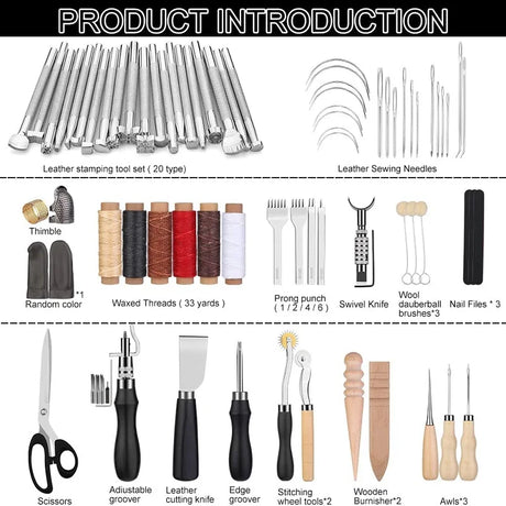 Leather Craft Tools Kit with Carving Tools for Cutting Punching Sewing Carving Stamping