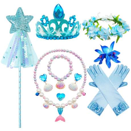 Mermaid Accessories Gloves Wand Crown Jewellery Set Wig Necklace Braid Cosplay Halloween Birthday Party