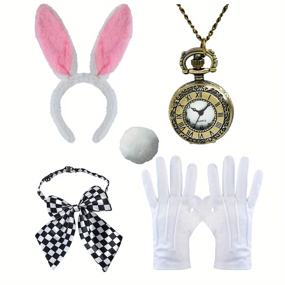 White Rabbit Tea Party Dress Up Accessories Pocket Watch Hat Tie Glasses Gloves