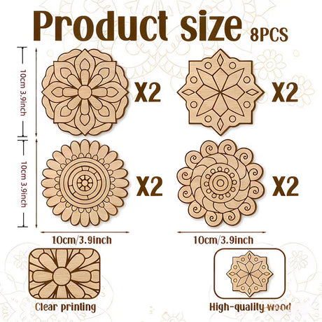 8Pcs Mandala Flower Wooden Shapes Set Unfinished Wood Wall Art DIY Craft