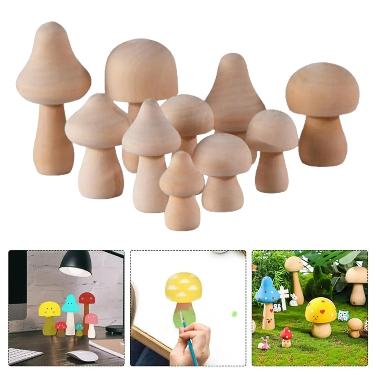 Ten Unfinished Wooden Mushrooms DIY Craft Paint