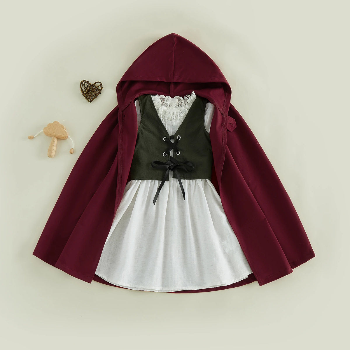 Medieval Woodland Kids Girls Costume Long Sleeve Lace Trim Dress with Vest Cloak Cosplay Outfit Set