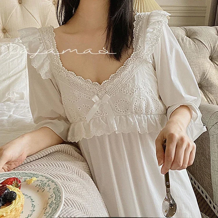 Summer Cotton Women's Sleepwear Antique French Style Lace Nightgown Nightdress