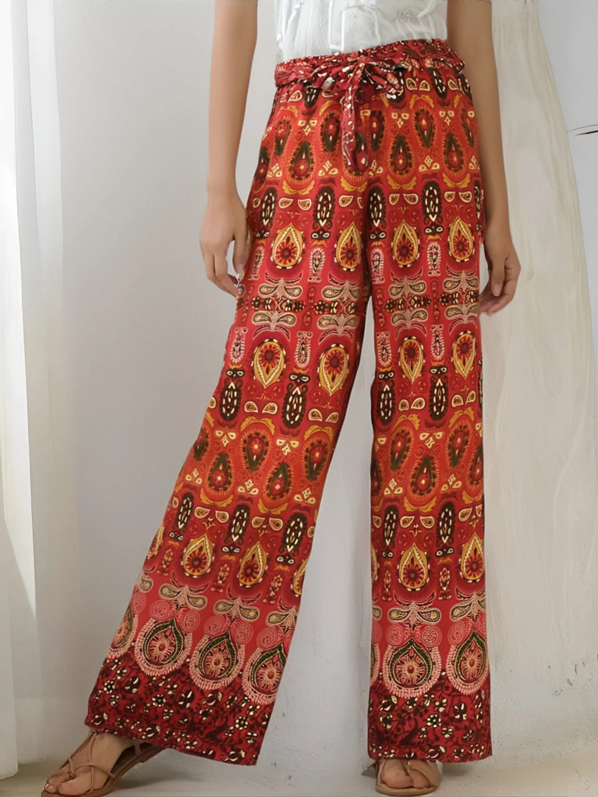 Nuri's Boho Red Floral Print Wide Leg Pants