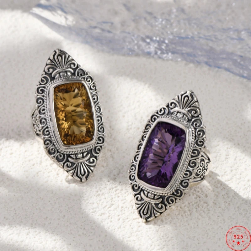 The Gypsy's Lantern S925 Sterling Silver Rings Natural Amethyst Yellow Crystal