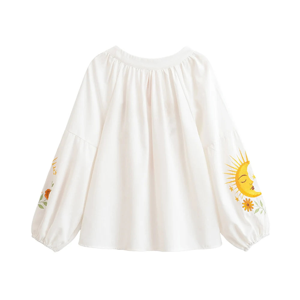 Sweet As Sunshine Vintage Sun and Floral Embroidered Linen Cotton Shirts Boho Tassel Blouse