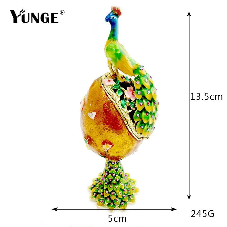 Hand Painted Peacock Easter Egg Enamel Trinket Box