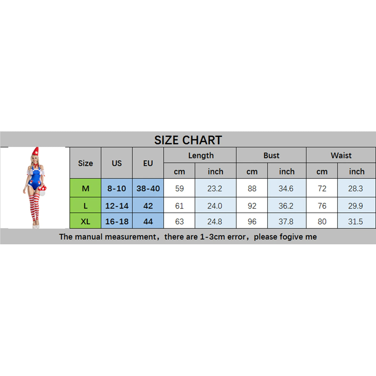 Women Mushroom Costumes Romper Jumpsuit Striped Leg Warmers Hat and Choker Halloween Cosplay Outfit
