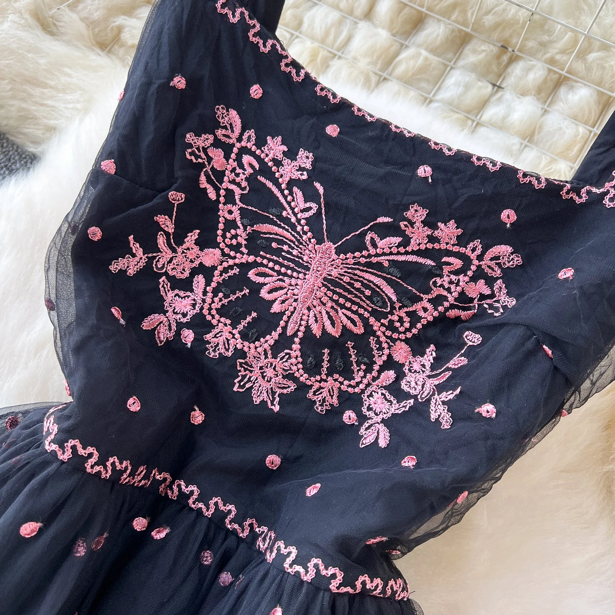 Larney's Butterfly Embroidered Square Collar Sweet Dress