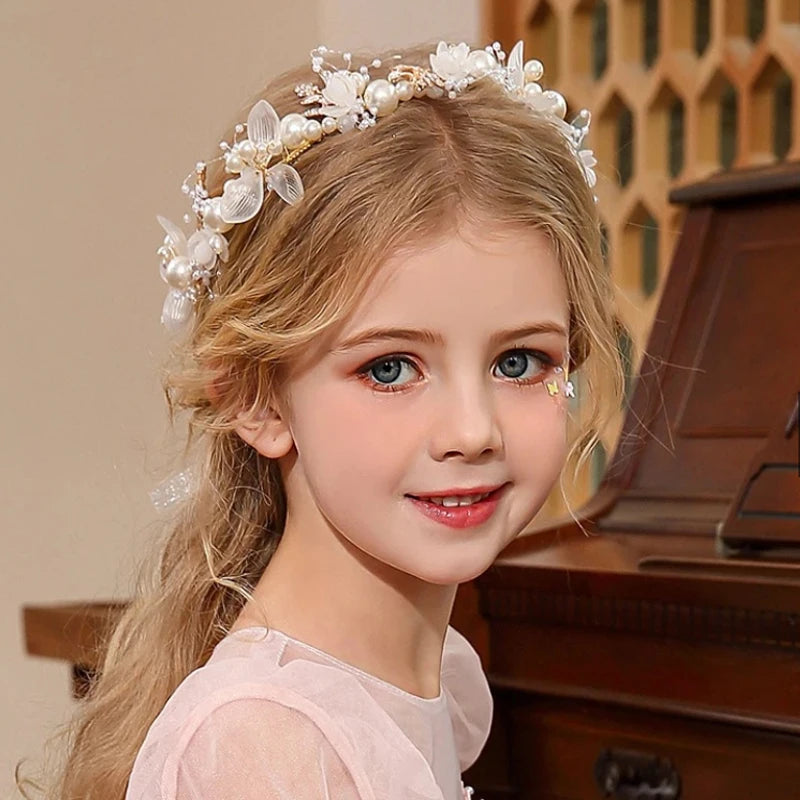 Girls Pearl Flower Wreath Floral Garland Head Hoop