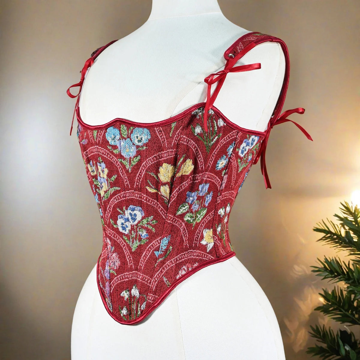 Tapestry Red Corset Overbust Lace Up Bone Bodice