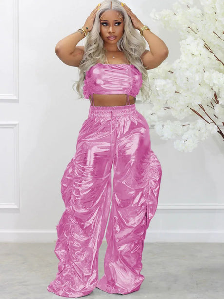Gold Sliver Metallic Two Piece Sets Crop Top and Pants Streetwear Hip Hop Rave Festival Outfit