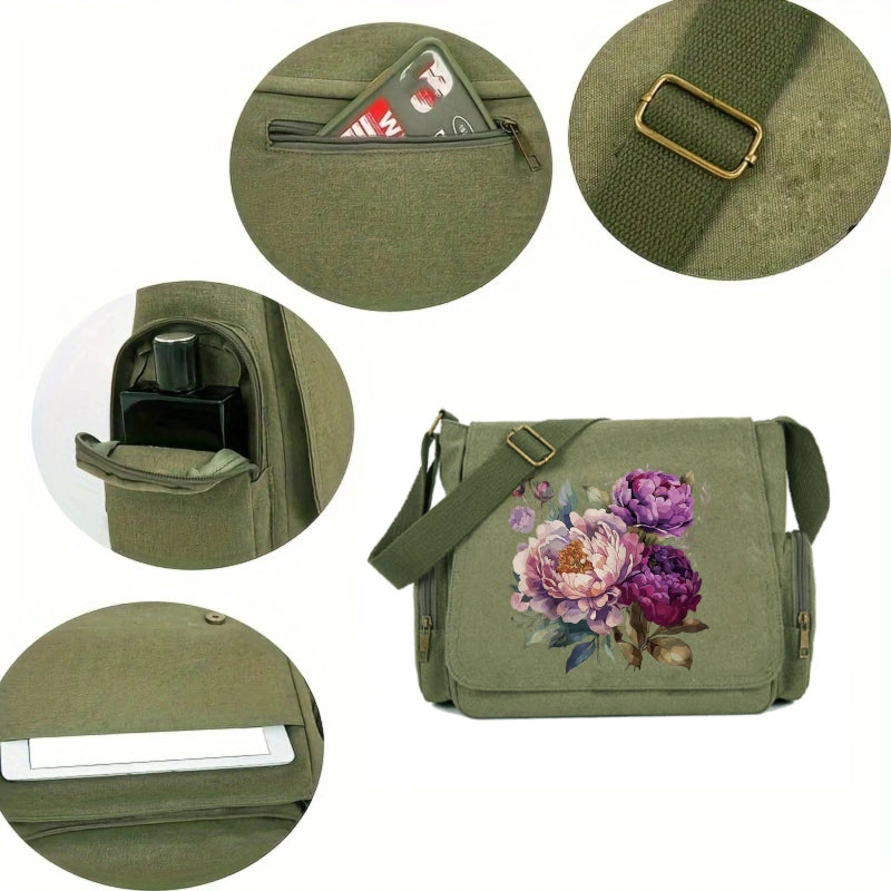Purple Blooms Print Canvas Shoulder Bag Crossbody Messenger Bag