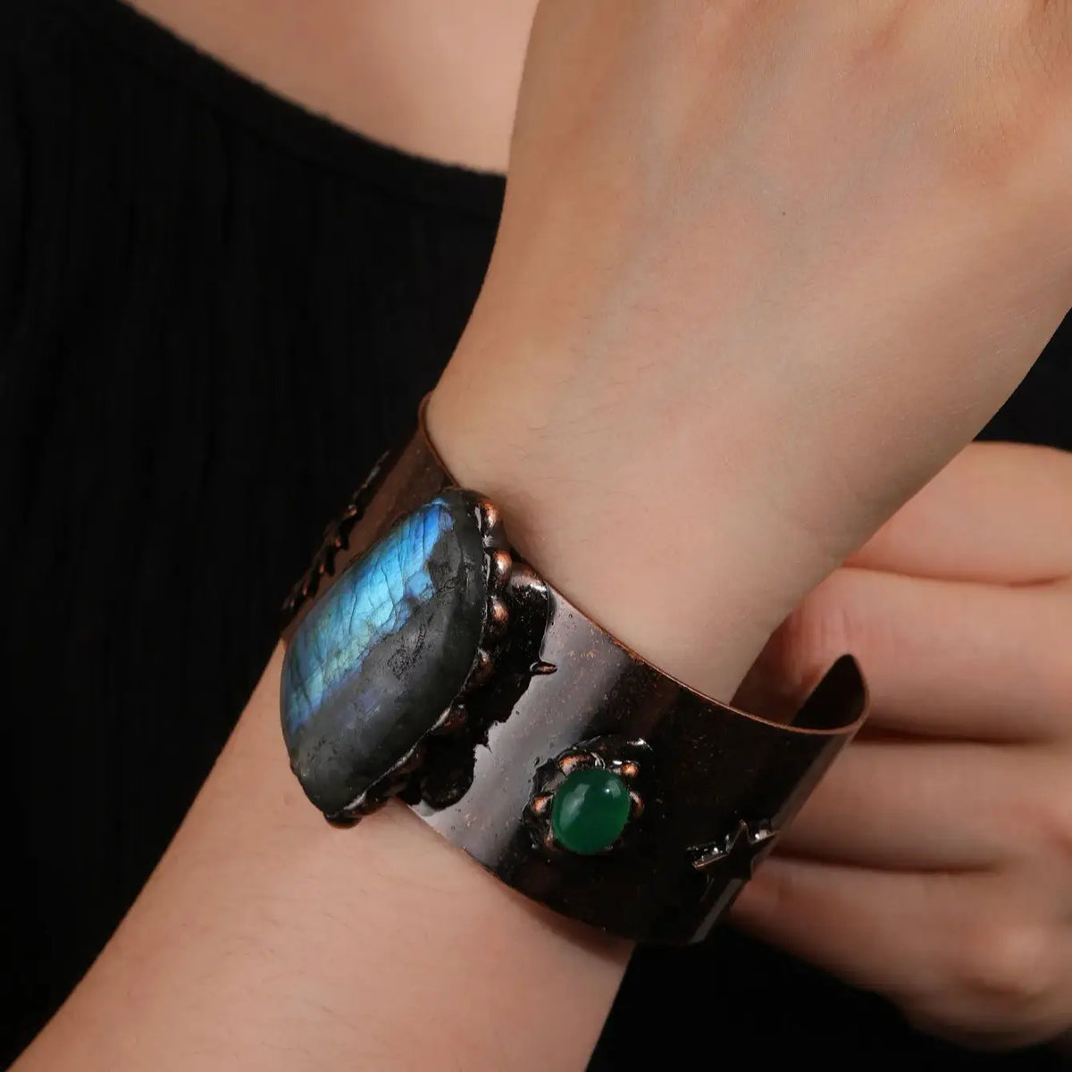 Medieval Cosplay Labradorite Stone Wrist Cuff Bangle Copper Plating Adjustable Bracelet