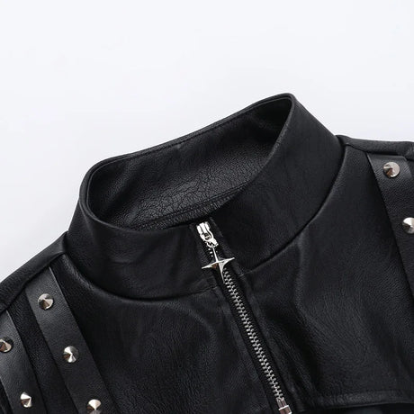 Women's Punk Crop Jacket PU Leather Cosplay Jacket Rivet Strap Gothic Streetwear Top