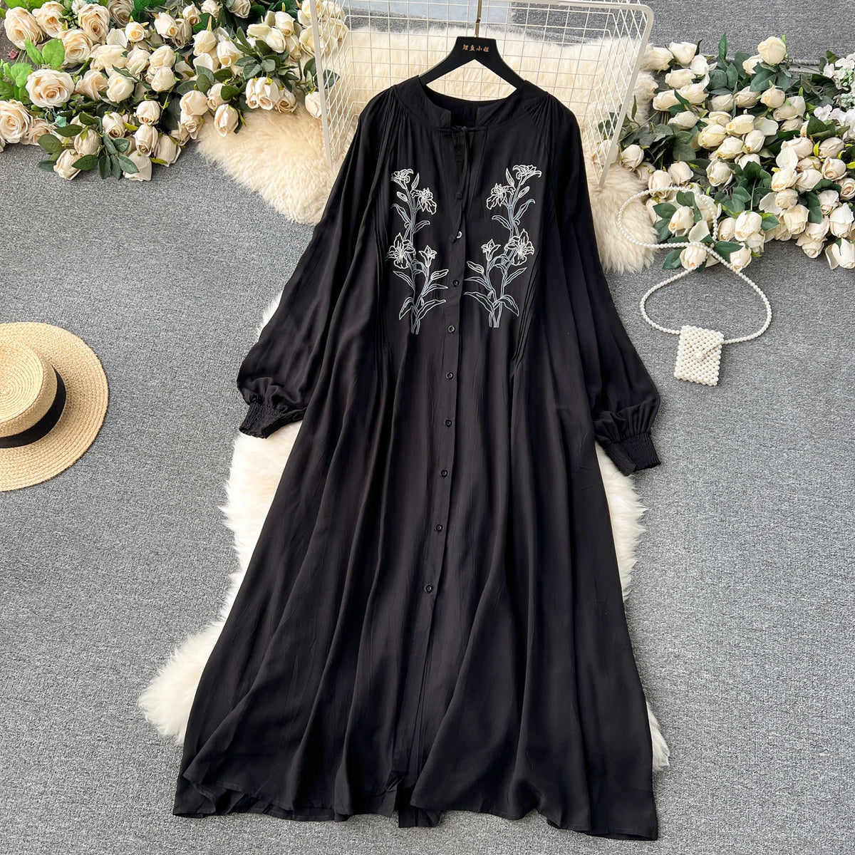 Olive's Embroidered Long Sleeve Shirt Dress
