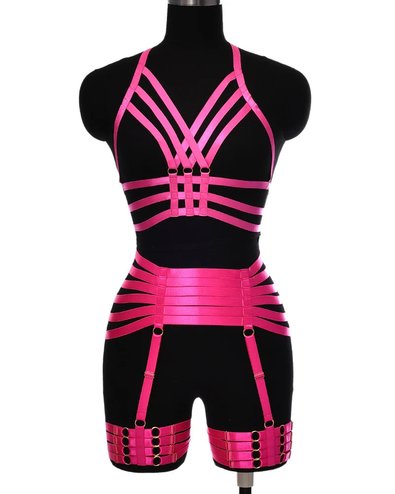 Pearlescent Colours Body Harness Body Cage Garter Belt Harness Full Set