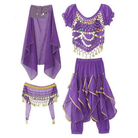 Girls Belly Dance Performance Outfit 4pcs Stage Costume Puff Sleeve Crop Top Ruffled Pants Hip Scarf Headscarf