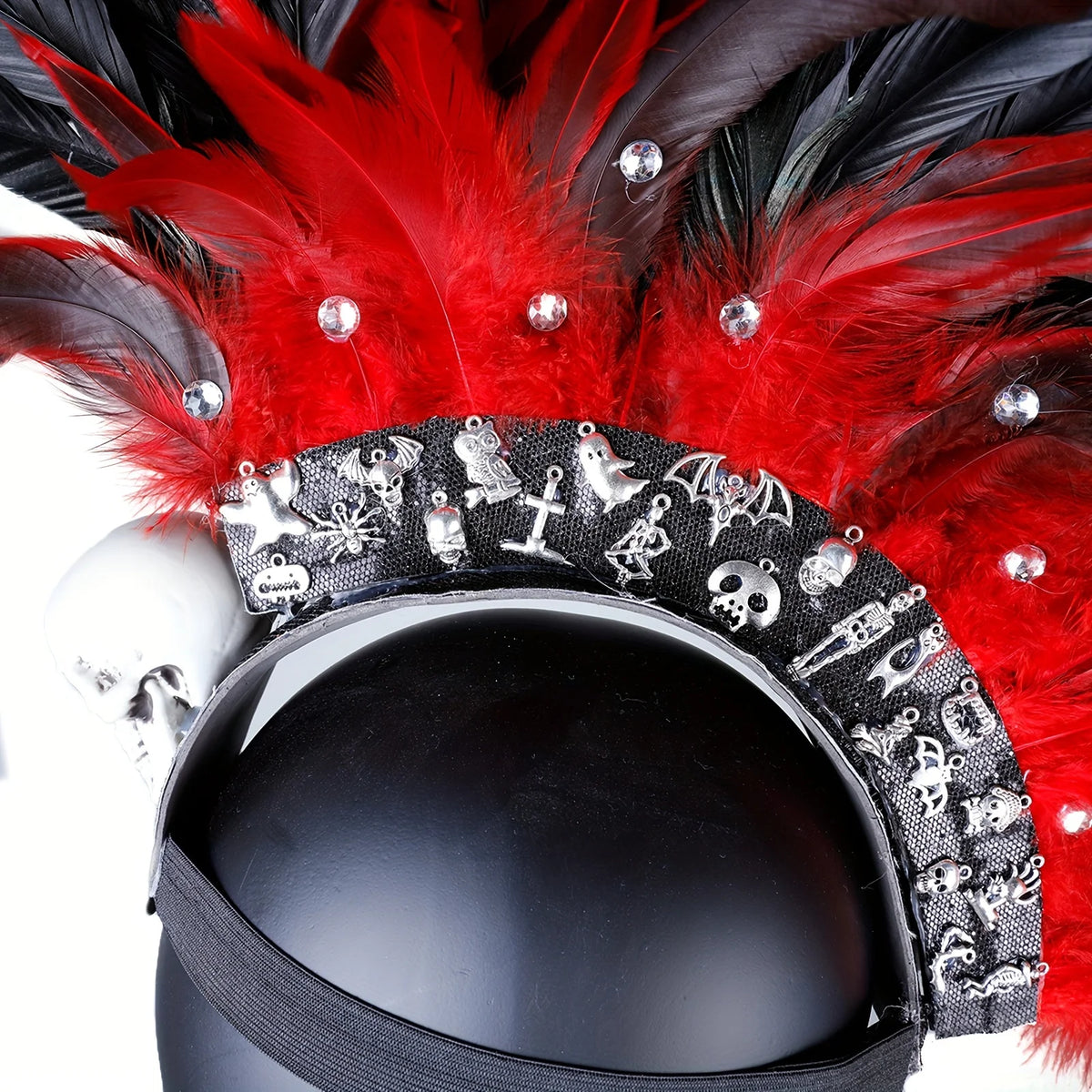 Gothic Punk Rock Skull Spider Mohawk Headband with Rhinestones Halloween Feathered Costume
